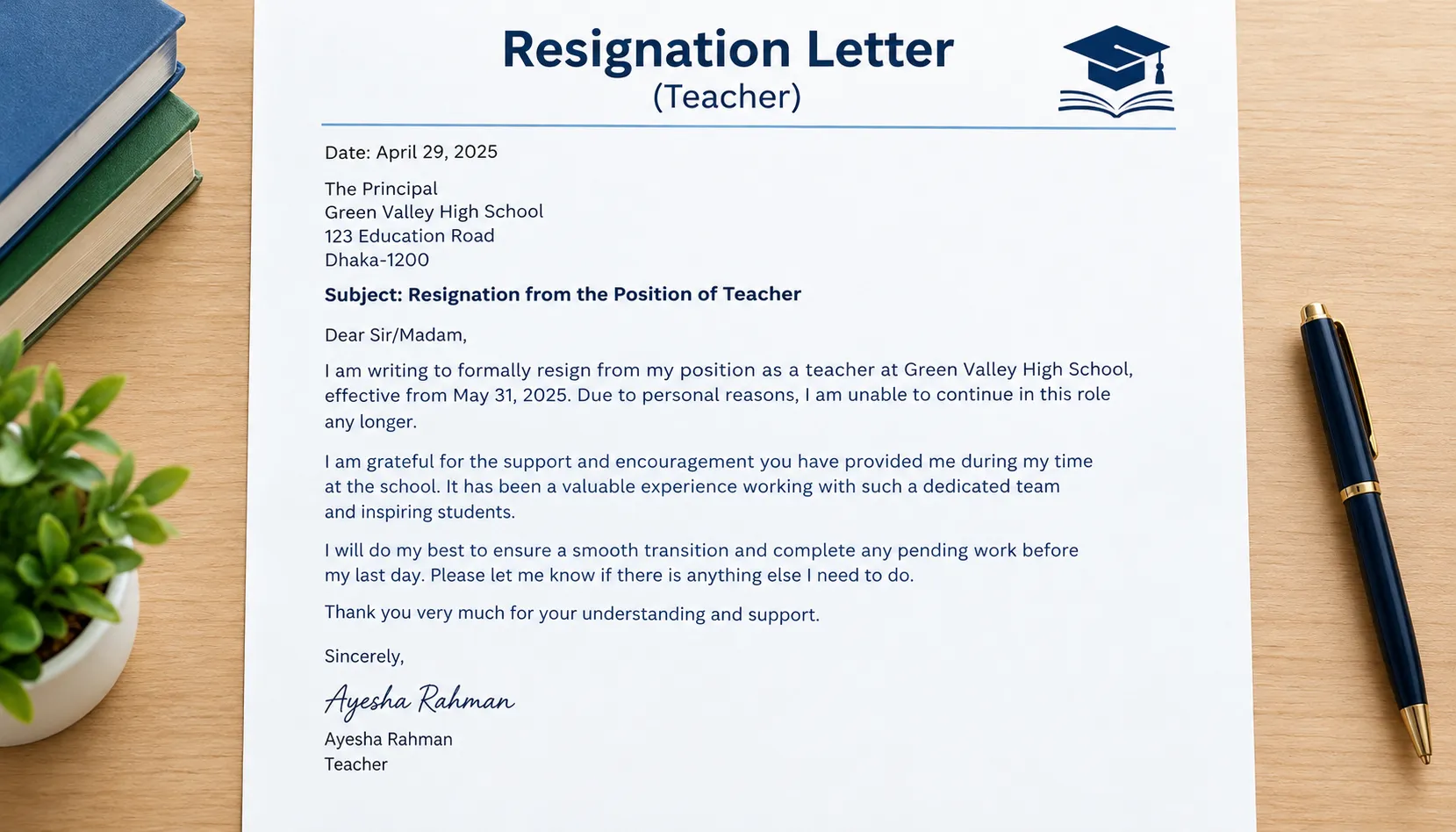 resignation letter for teacher